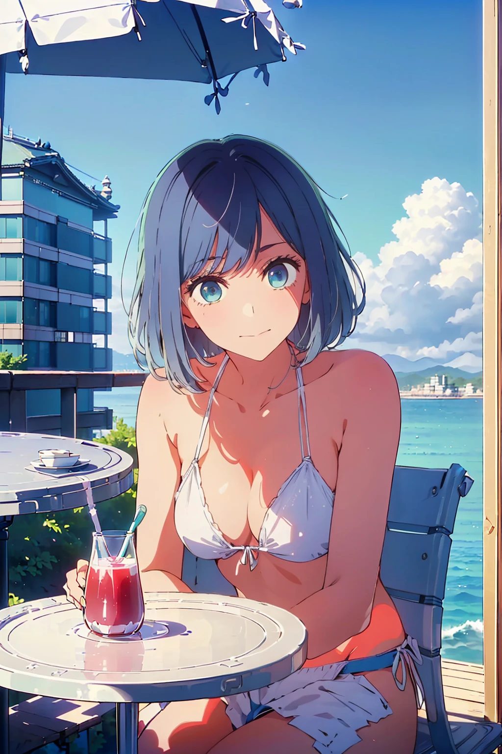 (Highest quality:1.4、8k:1.4、detailed)、F cup bust、Big Breasts、Slim and beautiful arms、Slim body、Very white beautiful skin、((((1 person、smile、smile、sit、Chair、In the background are the urban buildings of Tokyo、looking at the camera、Outdoor café terrace、coastal、Navy hair color、Touching your hair、juice、White side string high leg bikini、Shooting from an angle、Shooting up close、table、Very cute face))))、Very blue sky、A completely cloudless sky、She tilted her head slightly、The atmosphere is bright and lively、The woman is at the center of the image。