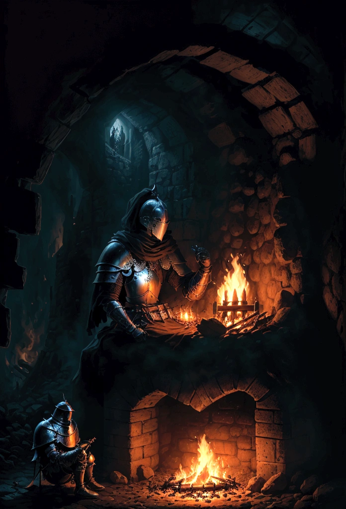 a knight resting in bonfire, high quality, masterpiece, dark theme, amazing lighting,