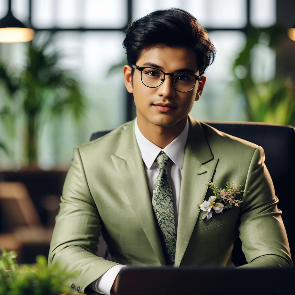 professional masterpiece, 1 man malay, confident, handsome, charming, with short taper fade black hair, natural make up, slight smile, wearing trendy eyeglasses, olive lime luxury suit with flowers on pocket, sitting alone on business chair, posing with laptop for work, fantastic color, set in a business room on office table, with plants in pots around the room, soft lighting, deph of fields effect, ultra realistic, high definition with special effects, resambling photo sony 7000D, ultra realistic