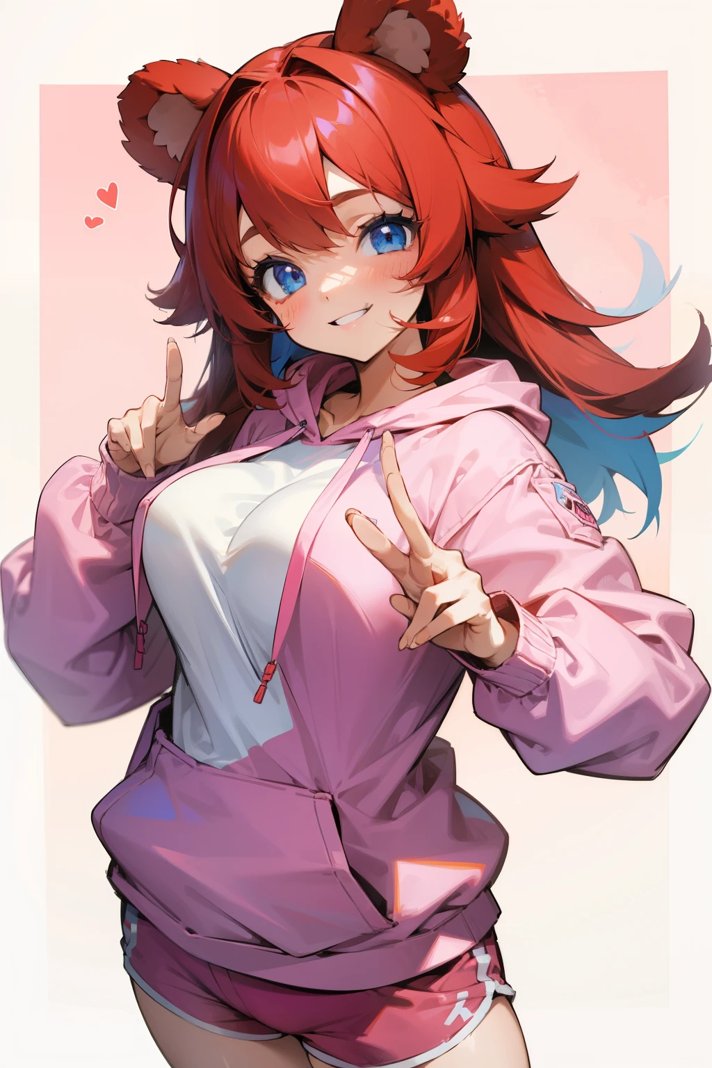 Cute girl, red hair, blue eyes, smile, pink hoodie, colorful shorts, big breasts, bear ears