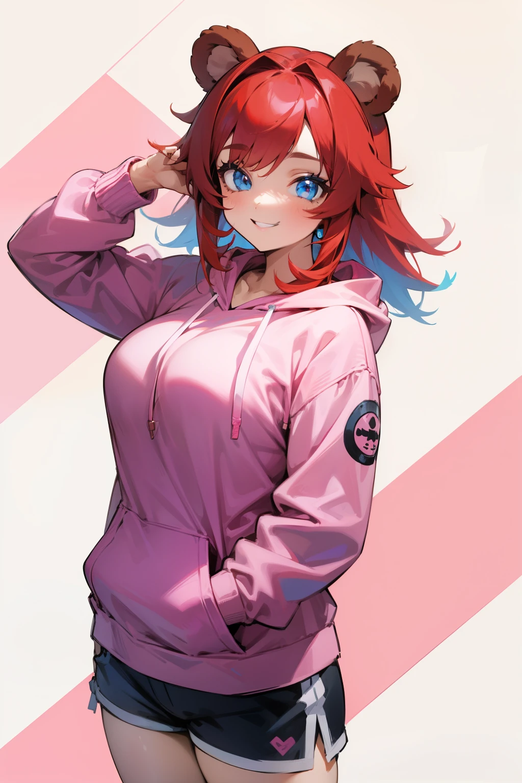 Cute girl, red hair, blue eyes, smile, pink hoodie, colorful shorts, big breasts, bear ears