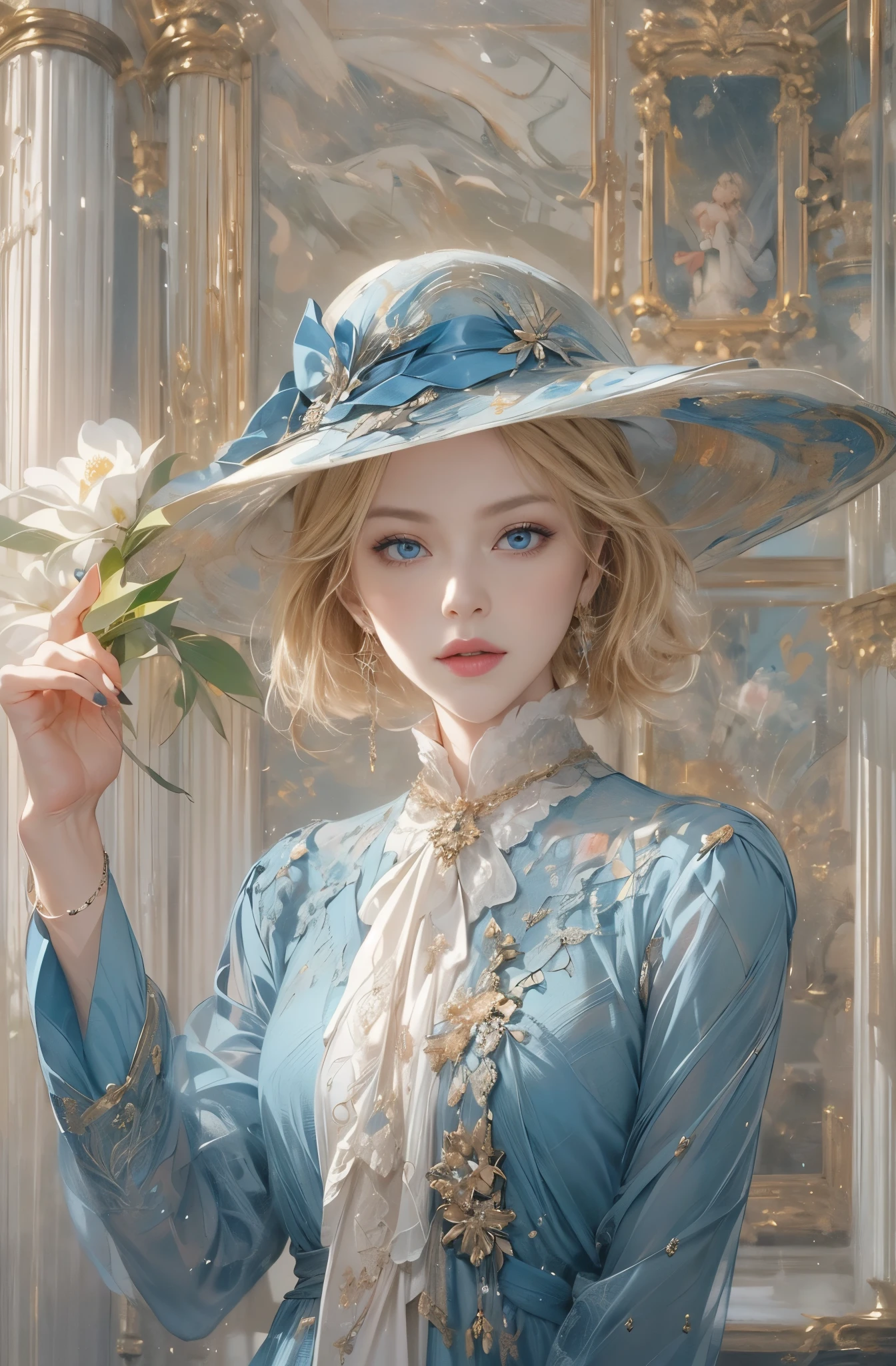 Paris at the beginning of the 20th century, Countess Cagliostro , A rare female thief, Beautiful blonde, A white woman with blue eyes is standing there., A fantastic atmosphere, Between dream and reality, Beautiful Platinum Blonde, very fine and beautiful eyes, Beautiful and delicate blue eyes, Translucent white skin, Rosy lips, Very sharp beauty, Noble and elegant beauty, Appearance of an aristocratic woman from a prominent family in the early 20th century, pretty much beautiful face, Captivating woman, Very stylish woman, Elegant and noble beauty, Beautiful and stylish dresses, A woman who looks about 27 years old, Five-fingered hand, Lots of flowers, Gorgeous and luxurious, photograph:Pamela Drew, tumbler, Minimalism, Nicole Kidman, portrait of Nicole Kidman, young Nicole Kidman, wonderful芸術, actor, Nice, Oscar winners, Charlize, Breathtaking art, Hollywood actress, Claudia Schiffer, Chen Yifei, Female painting, Lots of flowers, Vivid and colorful paintings, Glamorous and luxurious, Chen Yifeiに影響を与えた作品, Works that influenced Francesco Hayes, Inspired by Hendrik Terbruggen, Jean=Works that influenced Auguste Dominique Ingres, Works that influenced Liu Jun, Jean=Works that influenced Auguste Dominique Ingres, artwork in the style of Switzerland, by ヤン・J, Switzerland, Beautiful Art UHD 4K, Detailed painting 4k, Beautiful digital art, Beautiful artwork illustration, Switzerland masterpiece, By Chen Yanjun, Lee Song, Highest quality, The perfect angle, Perfect composition, Best Shot, Official Art, Cinematic Light, Figurative art, Beautiful and expressive paintings, Beautiful artwork illustration, wonderful, Cool Beauty, clear, Muromachi Fantasy, mysterious, Highest quality, Official Art, Extremely delicate and detailed painting style, Beautiful and subtle effects, Elegant and beautiful painting art, The pinnacle of beauty in painting, Perfect light, Perfect composition, The perfect angle, Perfect subject, Best Shot, women only, Sharp contours, Face close-up