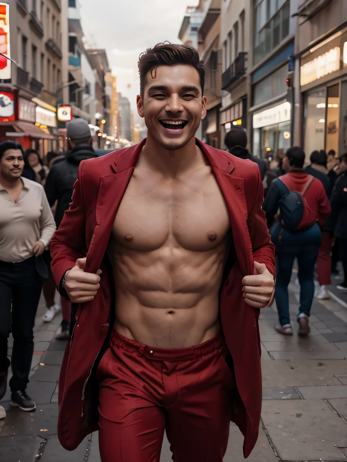 Pipe bueno goes shirtless in front of crowded people on a City Street.his nipple touched by the Guy. He gigles. He laugh. The wind blow the coat. He just wear the red suit with no Shirt inside. 