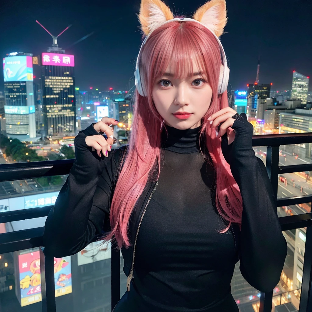 最high quality, masterpiece, 32k、Very detailed、Realistic、1 girl, Japanese women、Cute Face, (photo Actual:1.3),Bob Hair(red pink hair color、Pink Hairstyles)、Edge lighting, (Skin with attention to detail:1.2), 8k超High resolution, Single-lens reflex camera, high quality, High resolution, 4K, 8k, Optimal ratio of four fingers to one thumb, (Actual:1.3), cute 1 girl, Realistic、Super Realistic、32k、Very detailed、masterpiece, 最high quality, beautiful girl, beauty、Mecha, Beautiful lighting, (Neon Light:1.2), (night:1.5), leotard、High Grade、Cyberpunk Costume、Large Breasts(Big 、With a valley)Cat ear headphones、Are standing、Cyber Neon、Future City、Skyscraper、City night、Shanghai、Big cities、night scene、Beautiful night scene