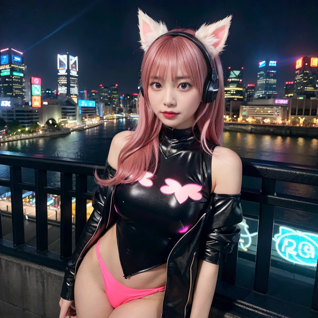 最high quality, masterpiece, 32k、Very detailed、Realistic、1 girl, Japanese women、Cute Face, (photo Actual:1.3),Bob Hair(red pink hair color、Pink Hairstyles)、Edge lighting, (Skin with attention to detail:1.2), 8k超High resolution, Single-lens reflex camera, high quality, High resolution, 4K, 8k, Optimal ratio of four fingers to one thumb, (Actual:1.3), cute 1 girl, Realistic、Super Realistic、32k、Very detailed、masterpiece, 最high quality, beautiful girl, beauty、Mecha, Beautiful lighting, (Neon Light:1.2), (night:1.5), leotard、High Grade、Cyberpunk Costume、Large Breasts(Big 、With a valley)Cat ear headphones、Are standing、Cyber Neon、Future City、Skyscraper、City night、Shanghai、Big cities、night scene、Beautiful night scene