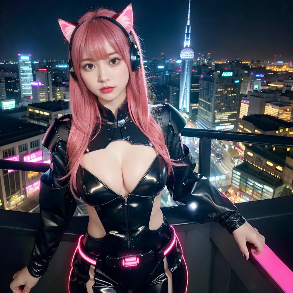 最high quality, masterpiece, 32k、Very detailed、Realistic、1 girl, Japanese women、Cute Face, (photo Actual:1.3),Bob Hair(red pink hair color、Pink Hairstyles)、Edge lighting, (Skin with attention to detail:1.2), 8k超High resolution, Single-lens reflex camera, high quality, High resolution, 4K, 8k, Optimal ratio of four fingers to one thumb, (Actual:1.3), cute 1 girl, Realistic、Super Realistic、32k、Very detailed、masterpiece, 最high quality, beautiful girl, beauty、Mecha, Beautiful lighting, (Neon Light:1.2), (night:1.5), leotard、High Grade、Cyberpunk Costume、Large Breasts(Big 、With a valley)Cat ear headphones、Are standing、Cyber Neon、Future City、Skyscraper、City night、Shanghai、Big cities、night scene、Beautiful night scene