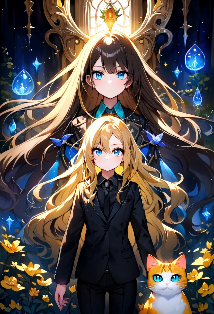 (Highest quality)(detailed)(1 teenage girl,single,long hair,Very dark yellow hair.,blue eyes ,Black suit shirt,Turn to look at the viewer,with guardian cat)