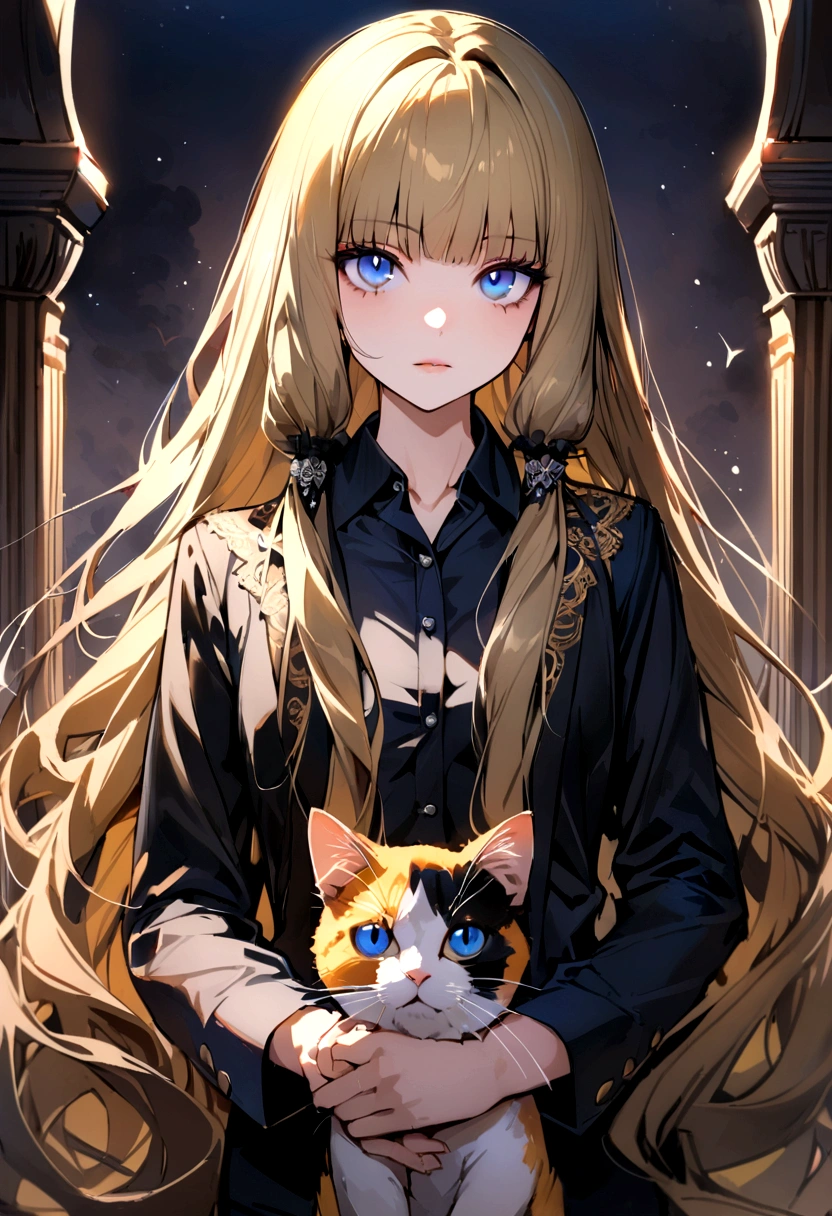 (Highest quality)(detailed)(1 teenage girl,single,long hair,Very dark yellow hair.,blue eyes ,Black suit shirt,Turn to look at the viewer,with guardian cat)