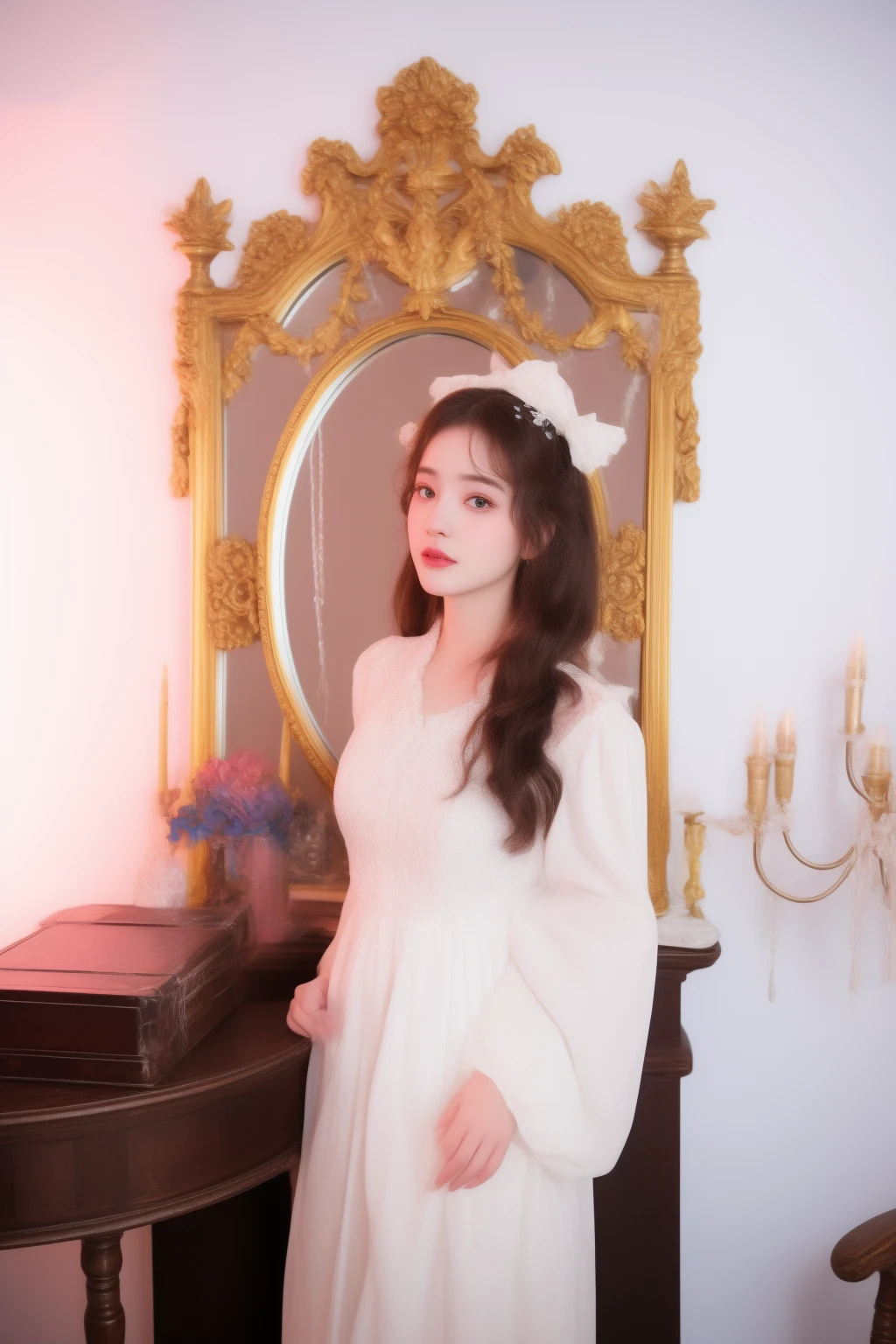 there is a woman in a white dress standing in front of a mirror, rococo queen, rococo style portrait, rococo dress, victorian style costume, belle delphine, portrait of magical lolita girl, rococo portrait, portrait of radical lolita girl, portrait of lolita, with victorian clothing, # rococo, in victorian aristocrat