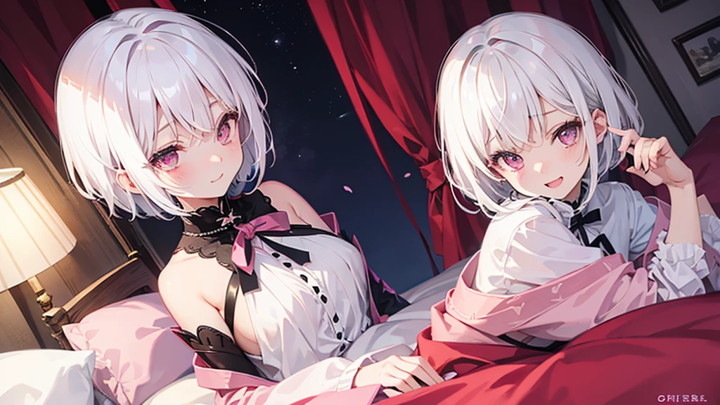 White Hair Girl、Pink Eyes、Short Hair、Only one girl、Night、In the bedroom、Blushing、laughing、Excited