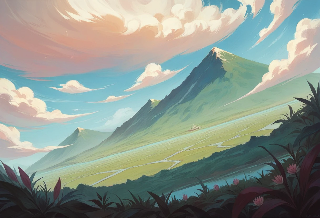 Surrealistic style, wide viewing angle, clouds forming the image of a master sitting on a lotus, floating in the sky above the mountain top. masterpiece, very real, summer plants, high quality 16k