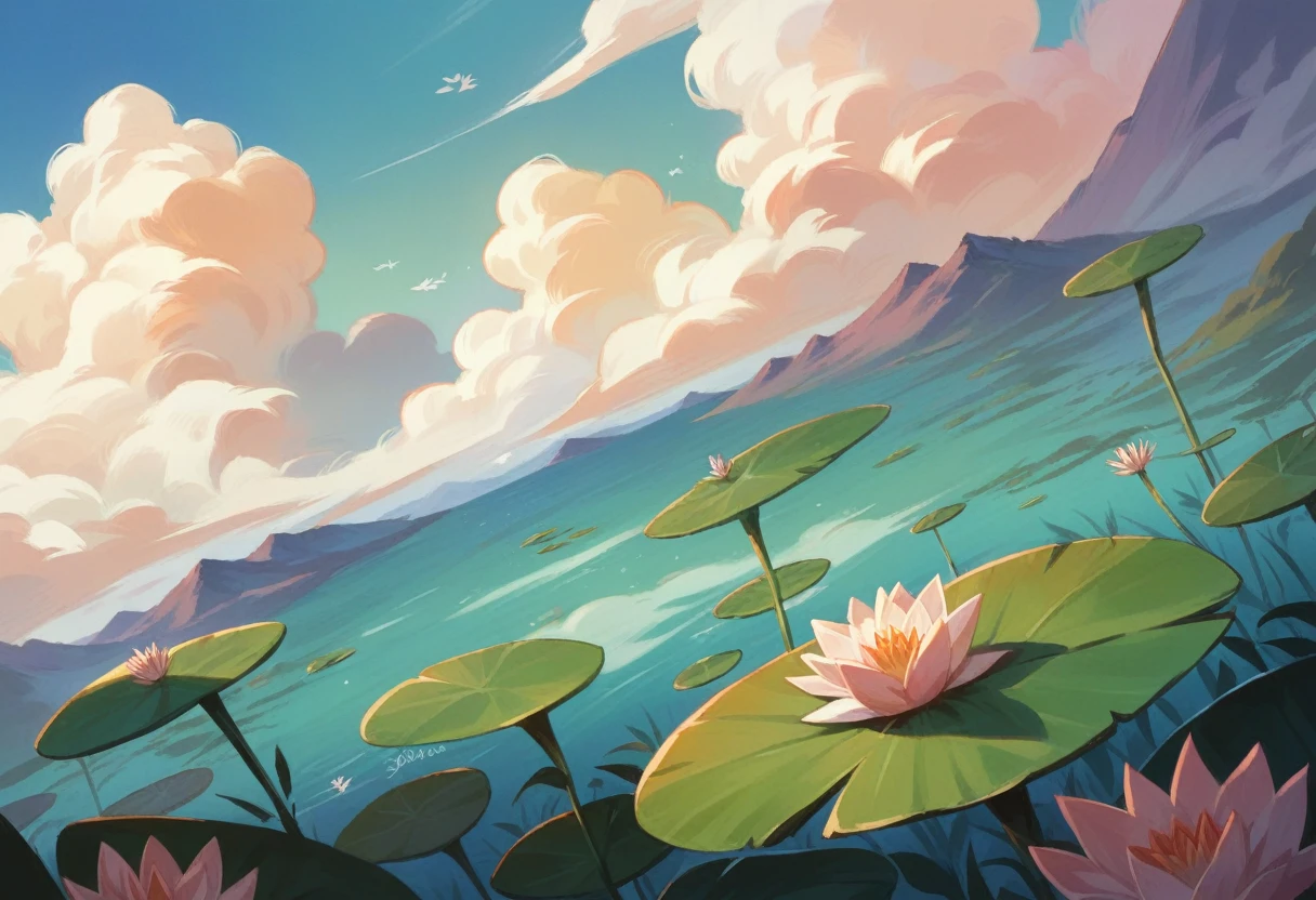 Surrealistic style, wide viewing angle, clouds forming the image of a master sitting on a lotus, floating in the sky above the mountain top. masterpiece, very real, summer plants, high quality 16k