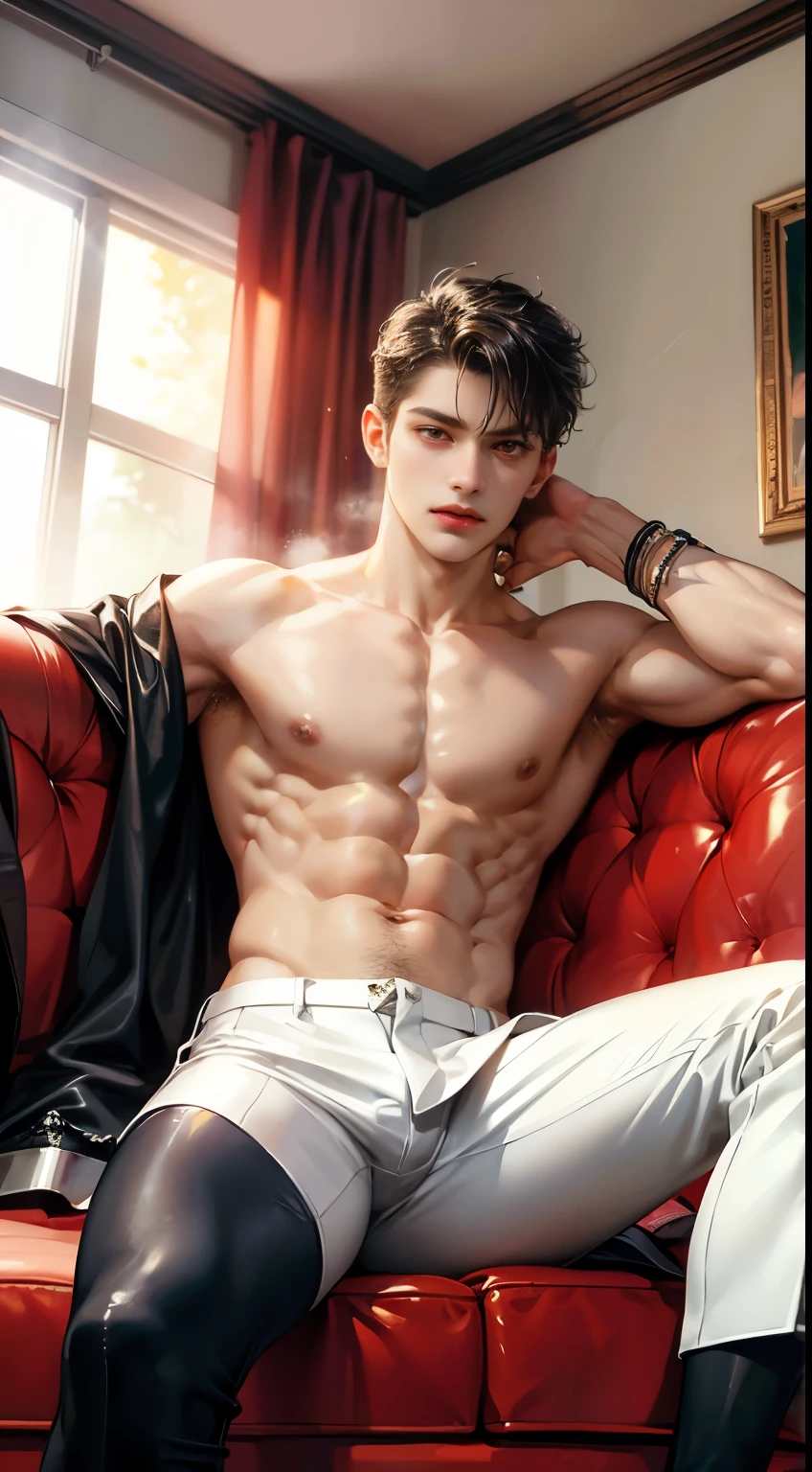 (absurderes, A high resolution, Ultra detailed, hdr), Masterpiece, Best quality, Portrait of a boy, Handsome boy with red eyes, Detailed face, Professional photo, The Alafed man is shirtless, Sit comfortably，legs are open, (puffynipple(From below:1.1)), Focus on your audience,18 year old boy, Handsome boy, [ Firmly defined body ]，black tanktop，short white pants，large bulge，Black leather shoes，Close-up of feet，prinz，