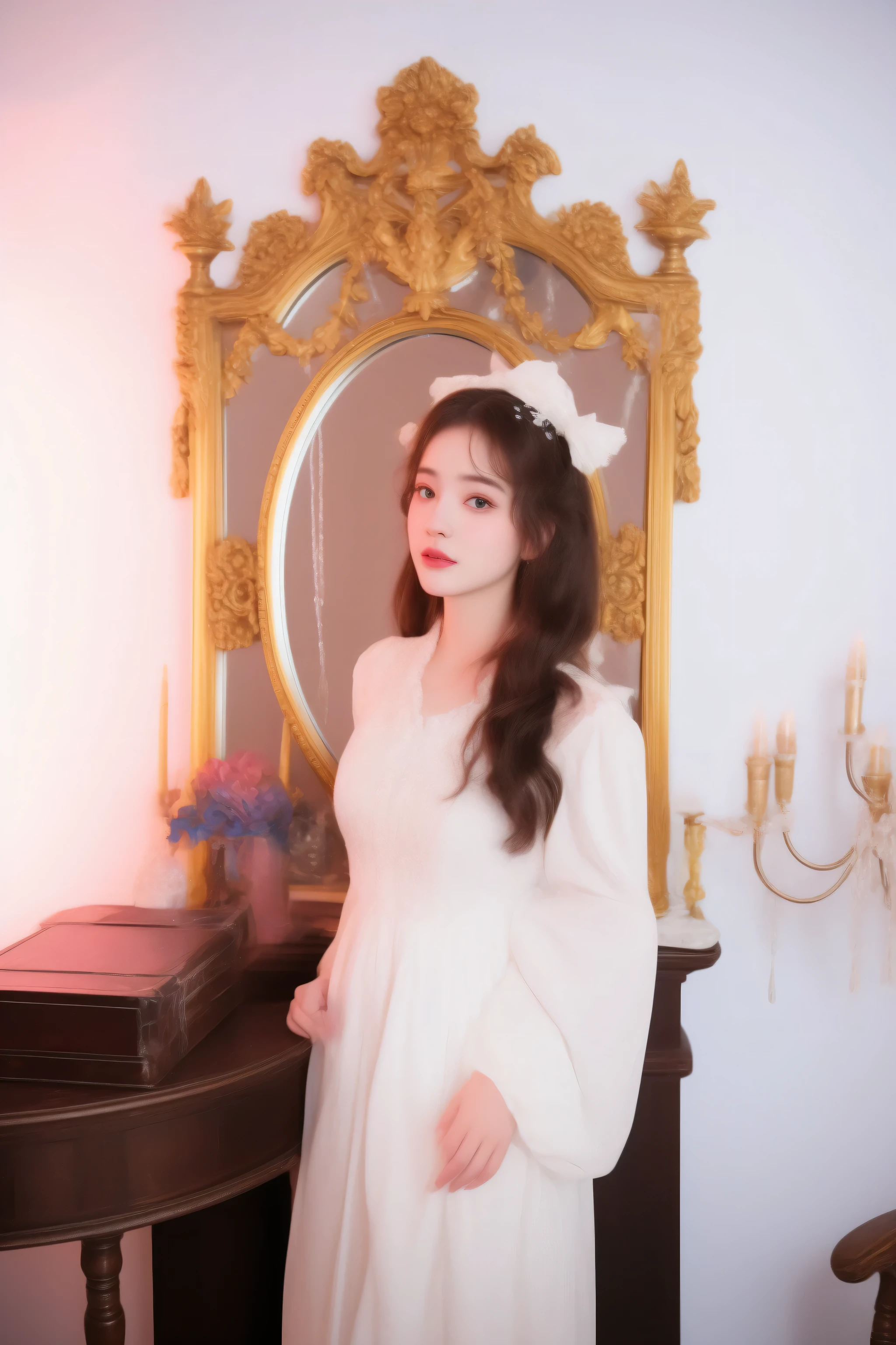 there is a woman in a white dress standing in front of a mirror, rococo queen, rococo style portrait, rococo dress, victorian style costume, belle delphine, portrait of magical lolita girl, rococo portrait, portrait of radical lolita girl, portrait of lolita, with victorian clothing, # rococo, in victorian aristocrat