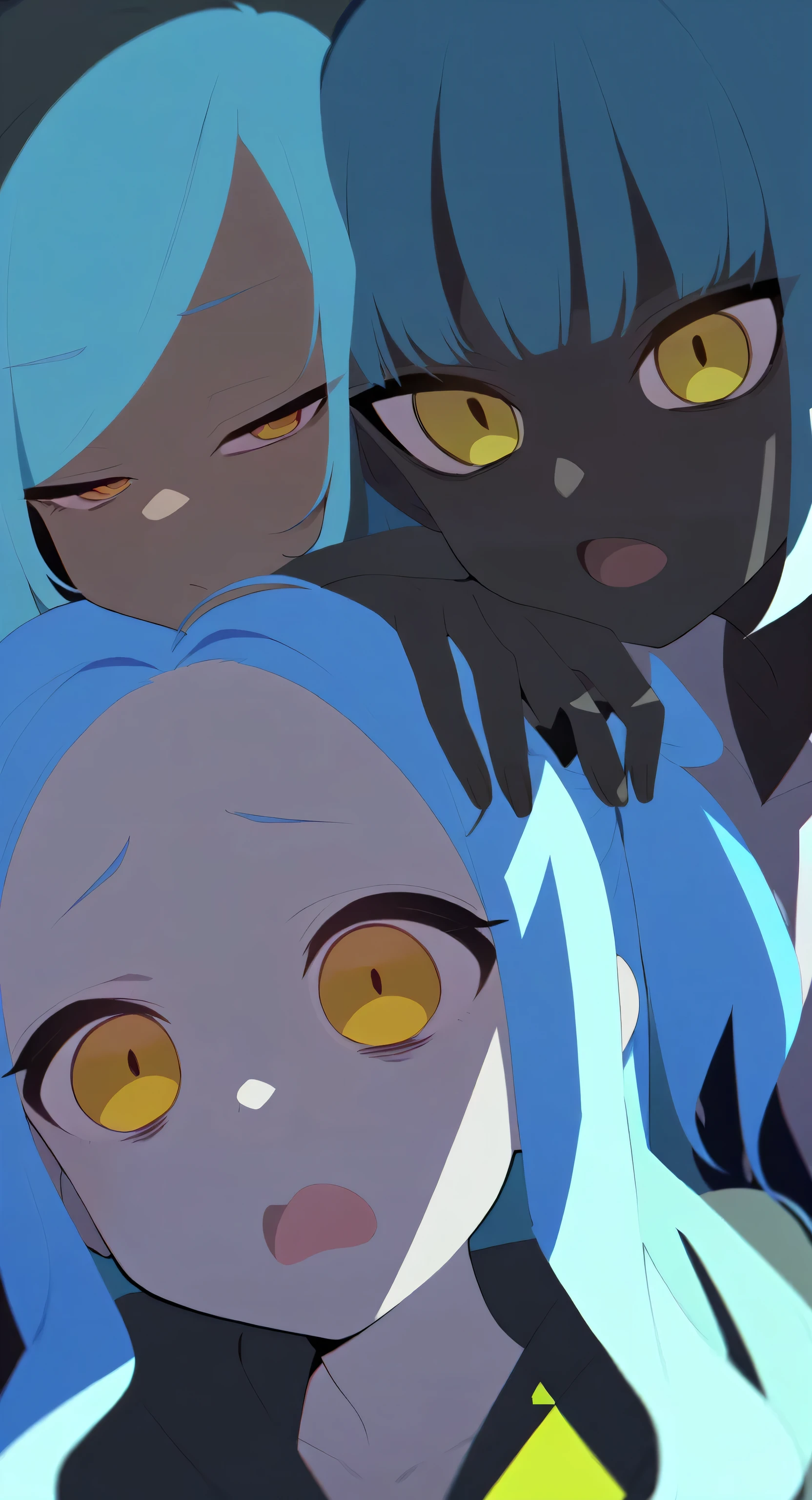 Black Skin、Blue Hair、Slanted Eyes、Yellow Eyes、girl、long hair、Dark Skin、cute、cool、