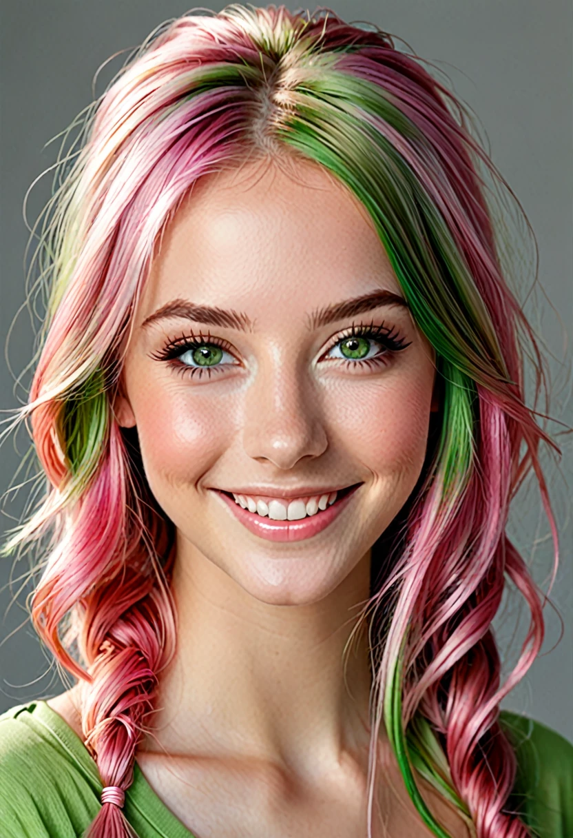 girl, beautiful green eyes, clear skin, soft makeup, long streaked green/pink hair, tied hair, realistic soft skin, tight body, photorealistic, realistic. smiling.