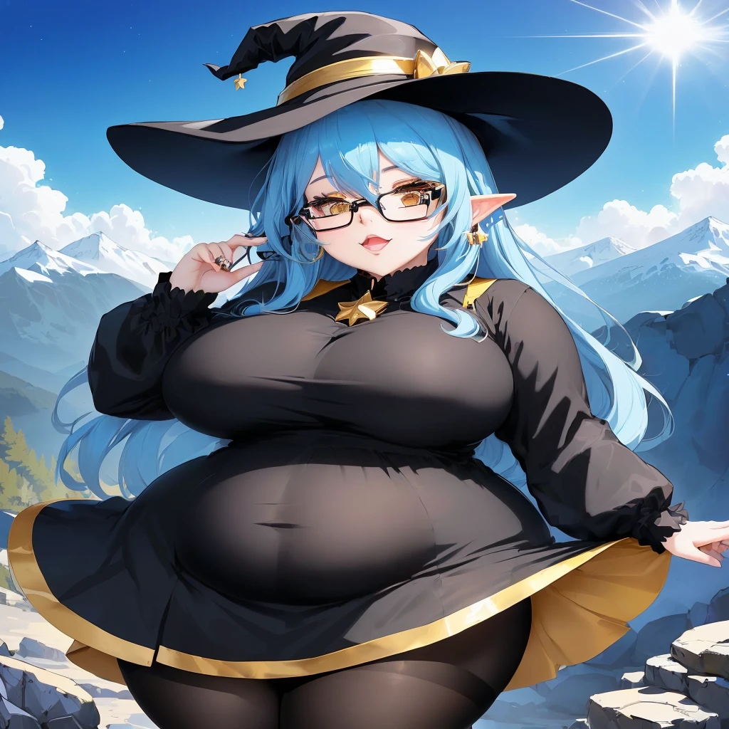 Anime character dressed in black and gold with a hat and glasses, Frivolous anime witch casting a spell, A strong and plump female magician, , chic, She has a plump, round belly, Sona is slim, Anime Moe Art Style, Cute Witch, I also make fan art, Sky Witch, Her belly is fat and round