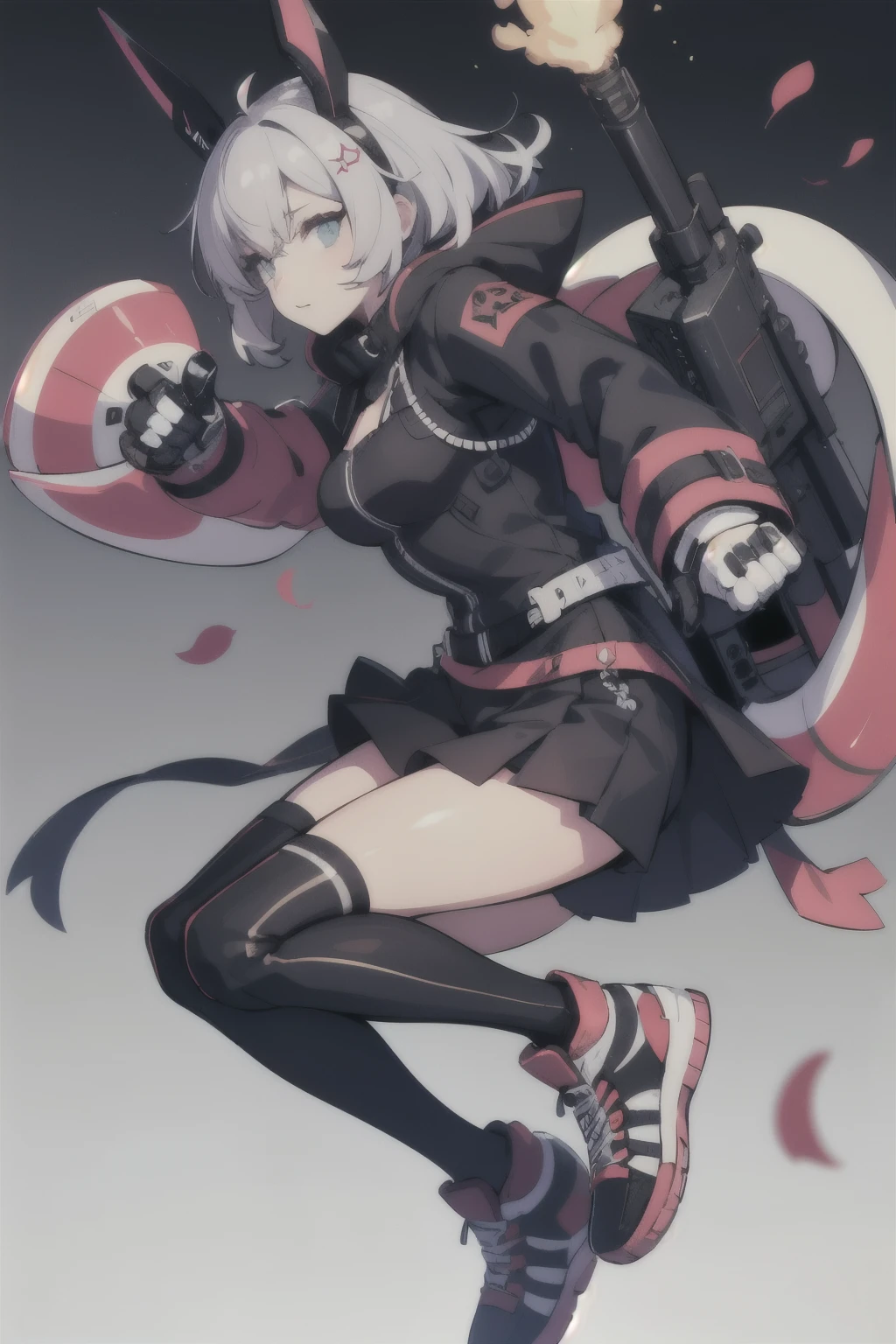 Girl, wearing techwear, streetwear, sneakers, dynamic pose, harajuku style, cyborg, mecha, mecha armored, honkai impact outfit, punishing grey raven outfit