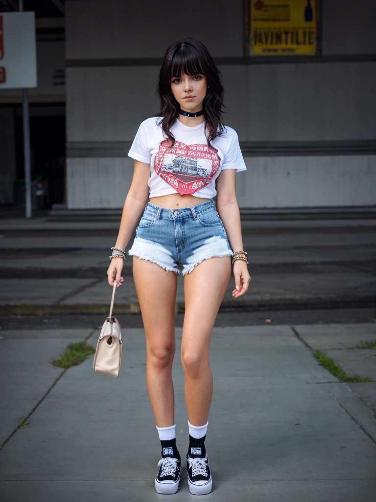 girl sexy realistic, fringe hair realistic, face sweet realistic wearing realistic t-shirt, realistic shorts denim, realistic ankle white socks, realistic vans shoes uses choker and bracelets realistic details.