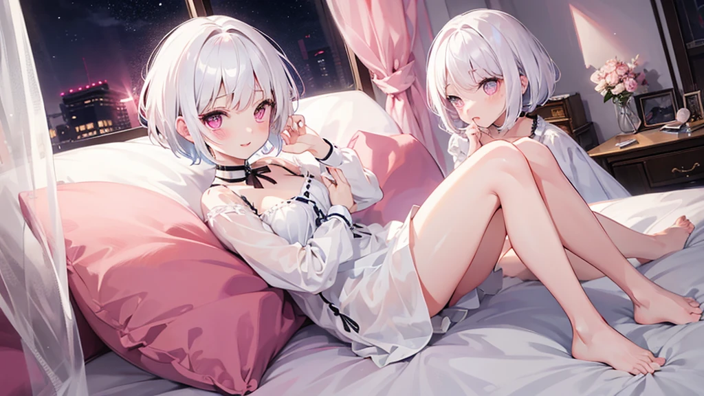 White Hair Girl、Pink Eyes、Short Hair、Only one girl、Night、In the bedroom、Blushing、laughing、Excited