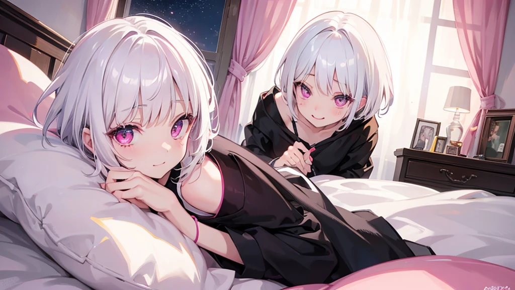 White Hair Girl、Pink Eyes、Short Hair、Only one girl、Night、In the bedroom、Blushing、laughing、Excited