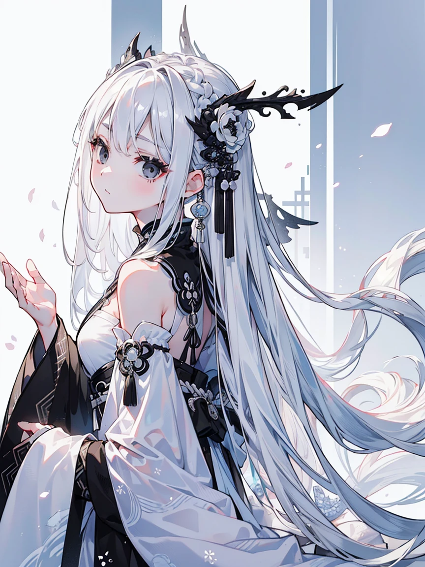 (Top image quality)、(Ultra Detailed)、(Facing forward)、top quality、masterpiece、(((1 girl)))、Silver Hair、white hair、((Long hair))、(black eyes:1.6)、(Hanfu)