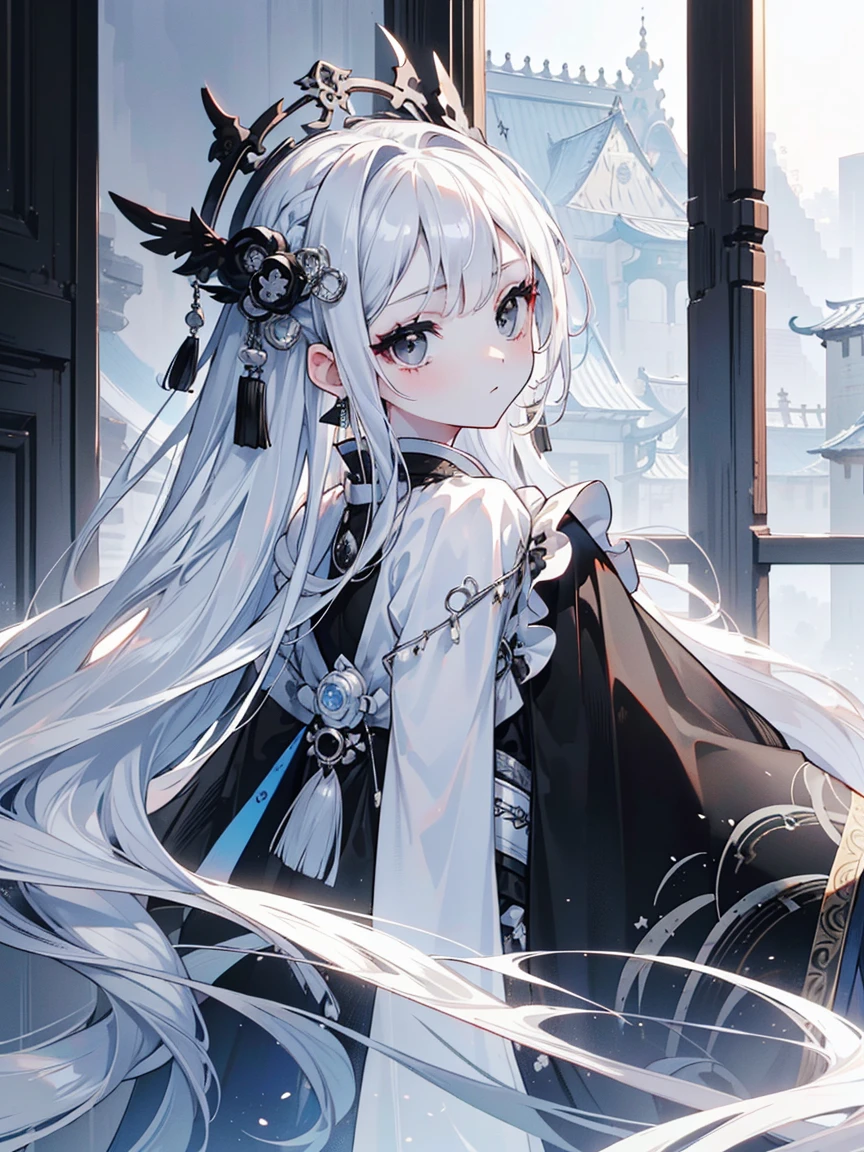 (Top image quality)、(Ultra Detailed)、(Facing forward)、top quality、masterpiece、(((1 girl)))、Silver Hair、white hair、((Long hair))、(black eyes:1.6)、(Hanfu)