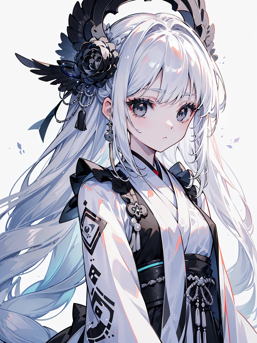 (Top image quality)、(Ultra Detailed)、(Facing forward)、top quality、masterpiece、(((1 girl)))、Silver Hair、white hair、((Long hair))、(black eyes:1.6)、(Hanfu)