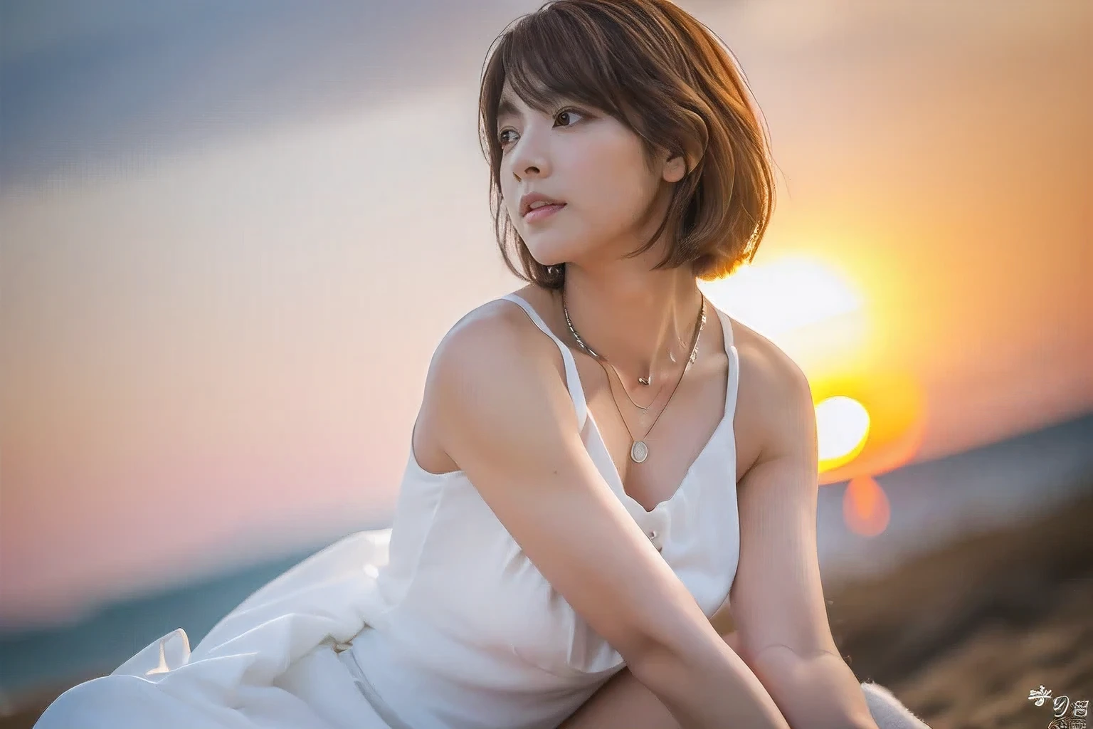 (Not looking at the camera、Beautiful profile looking into the distance:1.5)、(Sitting on the beach with my knees hugged:1.5)、(Profile of a woman looking at the beautiful sunset over the sea、18-year-old female:1.5)、(The best quality at its best:1.4), (Super detailed), (Very detailed CG unified 16k), Beautiful woman with perfect figure: 1.4, Sharp focus: 1.2, Very detailed, High-quality RAW color photos, Professional photography, Great face and eyes, cosmetics, (Amazingly beautiful girl), ((Summer white dress:1.5)), Realistic movie faces, Full body long view from head to toe, Realistic, ((Realistic natural orange red hairstyle)), ( Short Bob Hair:1.5), (necklace:1.5)、, Very beautiful face, Perfect model beauty, Mouth swelling, Highly detailed face and skin texture, Fine grain, double eyelid, Medium chest, (masterpiece), Highest quality, High resolution, Very detailed, Blurred Background, Depth of written boundary, Cinema Lighting, Great legs, , Clear, well-maintained skin,((Full body shot from head to toe:1.5))