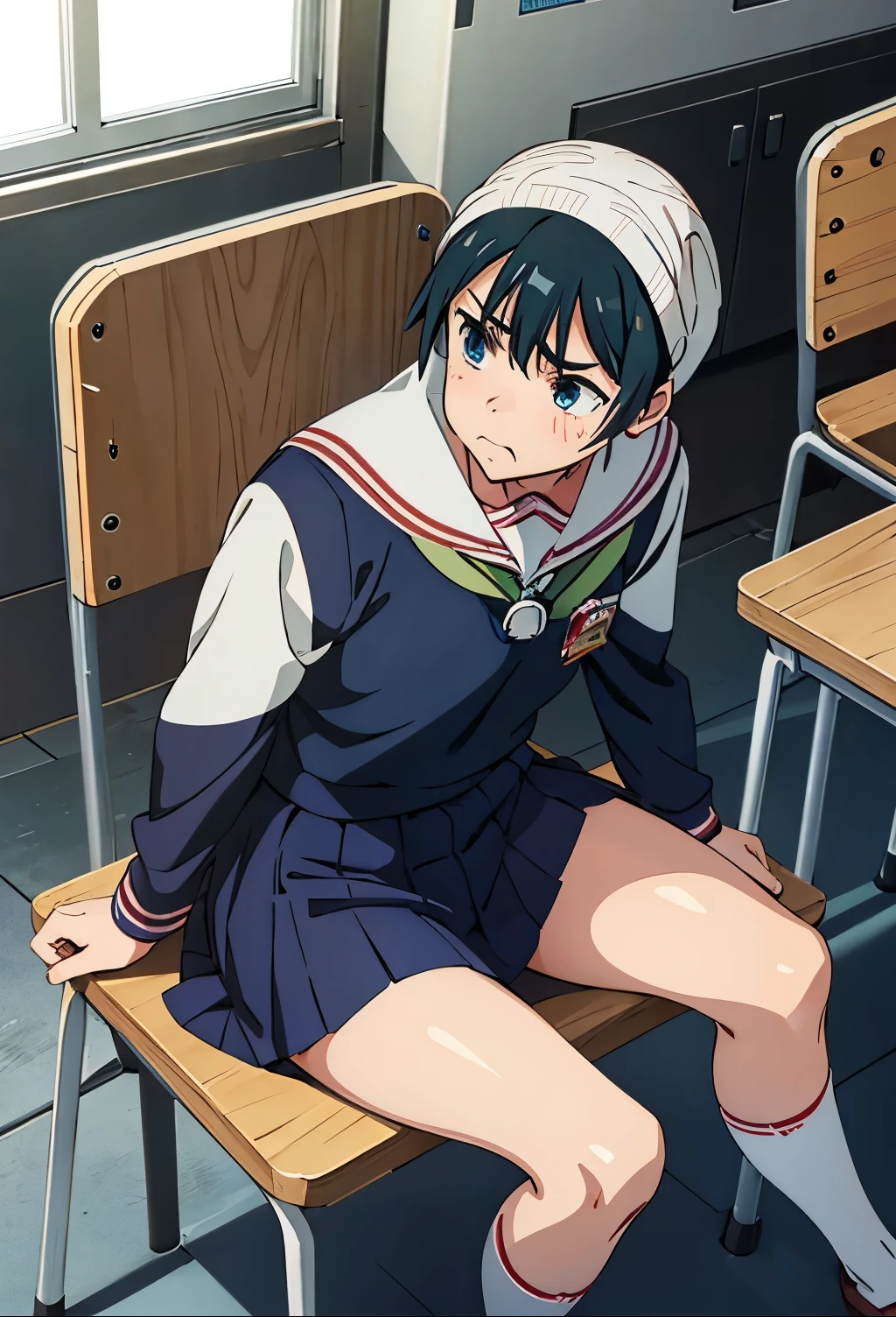 girl wearing ,Superskirt,looks away,sitted,embarressed,Be red in the face,weeping,Mouth closed,Classroom(Girl leaking urine),Oyama Makoto