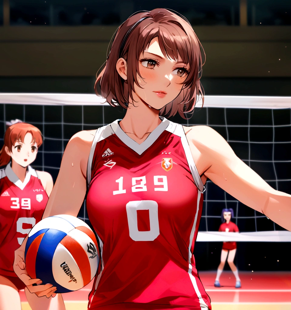 there is a woman that is holding a volleyball ball in her hand, wearing a volleyball jersey, female beach volley player, Chiho ashima, akikazu mizuno, volleyball, Nishimiya Shoko, Chiho, marin kitagawa, Portrait Shot, akiko takase, Kazami Yuuka, aoshima Chiho, It&#39;s bittersweet