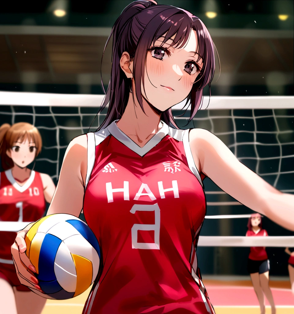 there is a woman that is holding a volleyball ball in her hand, wearing a volleyball jersey, female beach volley player, Chiho ashima, akikazu mizuno, volleyball, Nishimiya Shoko, Chiho, marin kitagawa, Portrait Shot, akiko takase, Kazami Yuuka, aoshima Chiho, It&#39;s bittersweet