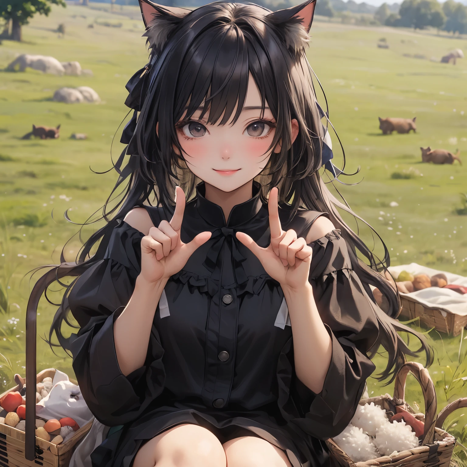 (masterpiece), Highest quality, Ultra-high resolution,Cat with black ribbon、Black Hair、Black eyes、Black clothing、smile、(Show both hands:1.3)、picnic、hill、grassland、sit、rice ball