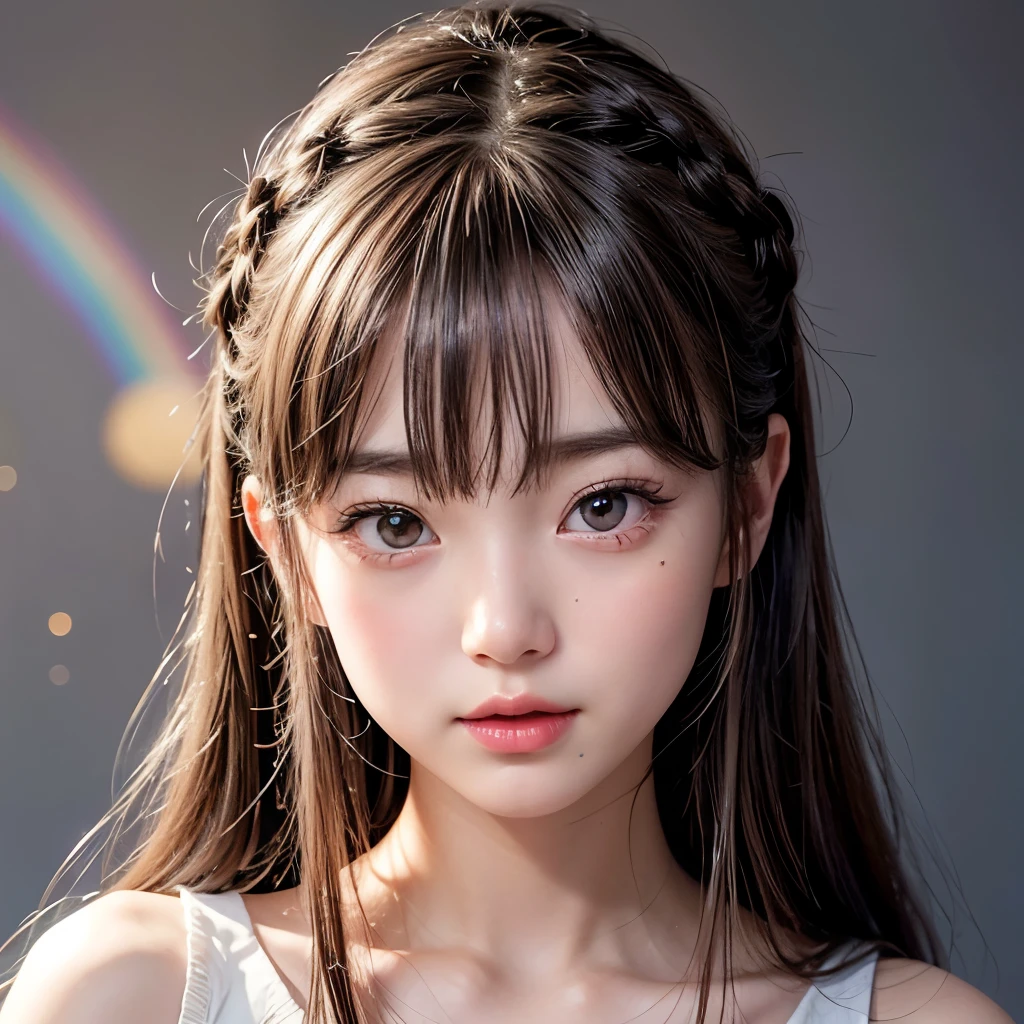 NSFW, 8k, High-level, absurd, masterpiece, best quality, primitive, very detailed CG, very detailed wallpaper, perfect lighting, Extremely detailed (((The personifying " Yuri Ebihara " as a ))), MysticSight, Tyndall effect, Tyndall scattering, Studio gray background with (many Dazzling RainbowColor particles BokeH:1.28), (RoundlyButts, ThighGap), (Exposed:0.4), (Assfocus with looking ahead), BREAK (NOGIZAKA face variations) Extremely Detailed very KAWAII face variations, perfect anatomy, Childish, captivating gaze, elaborate detailed Eyes with (sparkling highlights:1.28), long eyelashes、Glossy RED Lips with beautiful details, Coquettish tongue, Rosy cheeks, Radiant PearlSkin with clear transparency . { (Dynamic LifeLike expressions:1.4) | :d) }, (large eyes:-1) .
