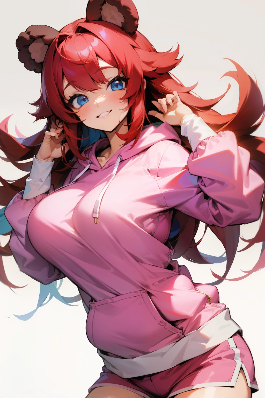 Cute girl, red hair, blue eyes, smile, pink hoodie, colorful shorts, big breasts, bear ears