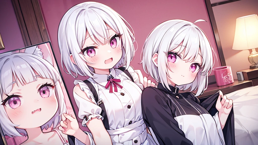 White Hair Girl、Pink Eyes、Short Hair、Only one girl、Night、In the bedroom、Blushing、laughing、Excited