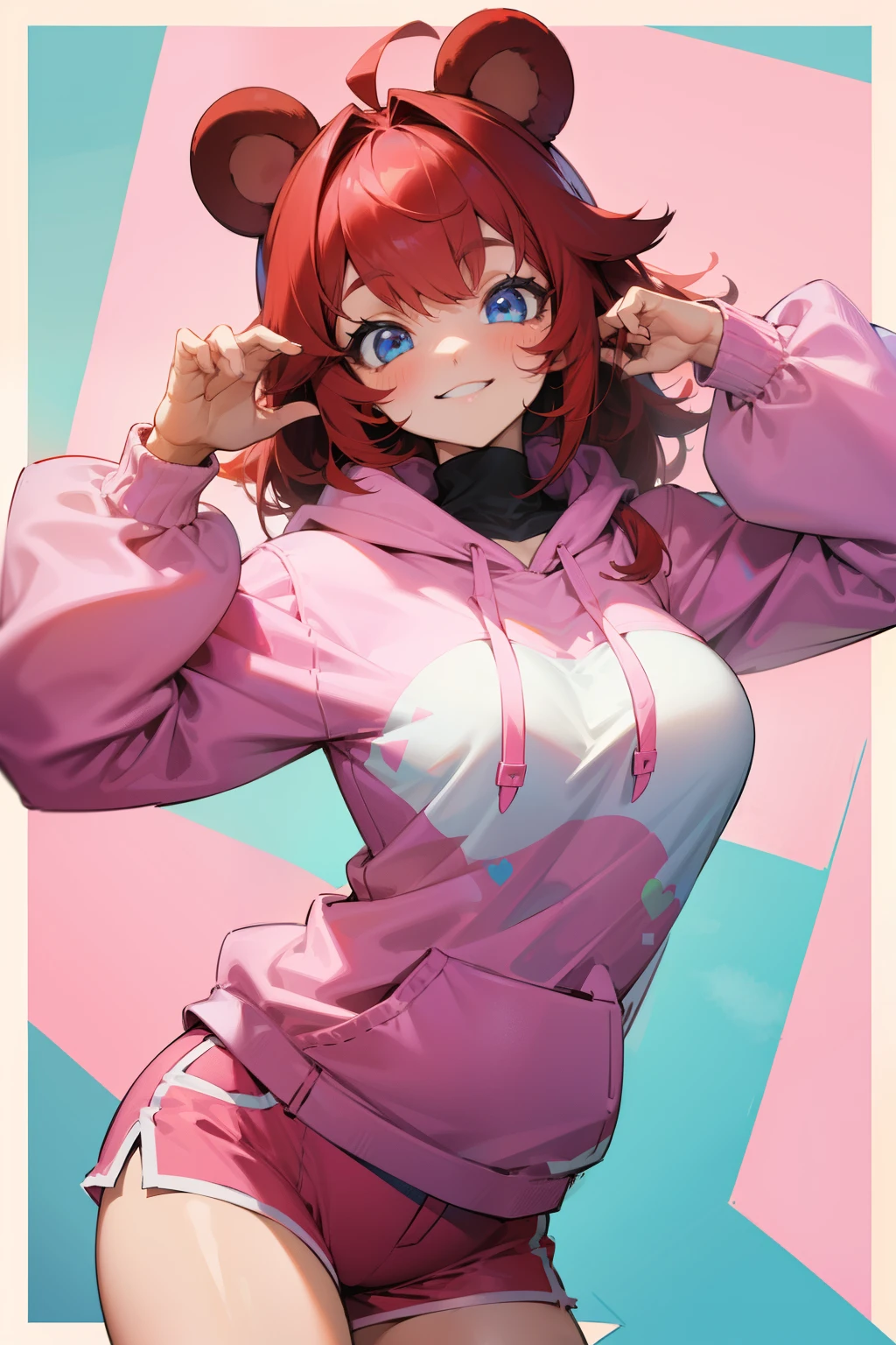 Cute girl, red hair, blue eyes, smile, pink hoodie, colorful shorts, big breasts, bear ears