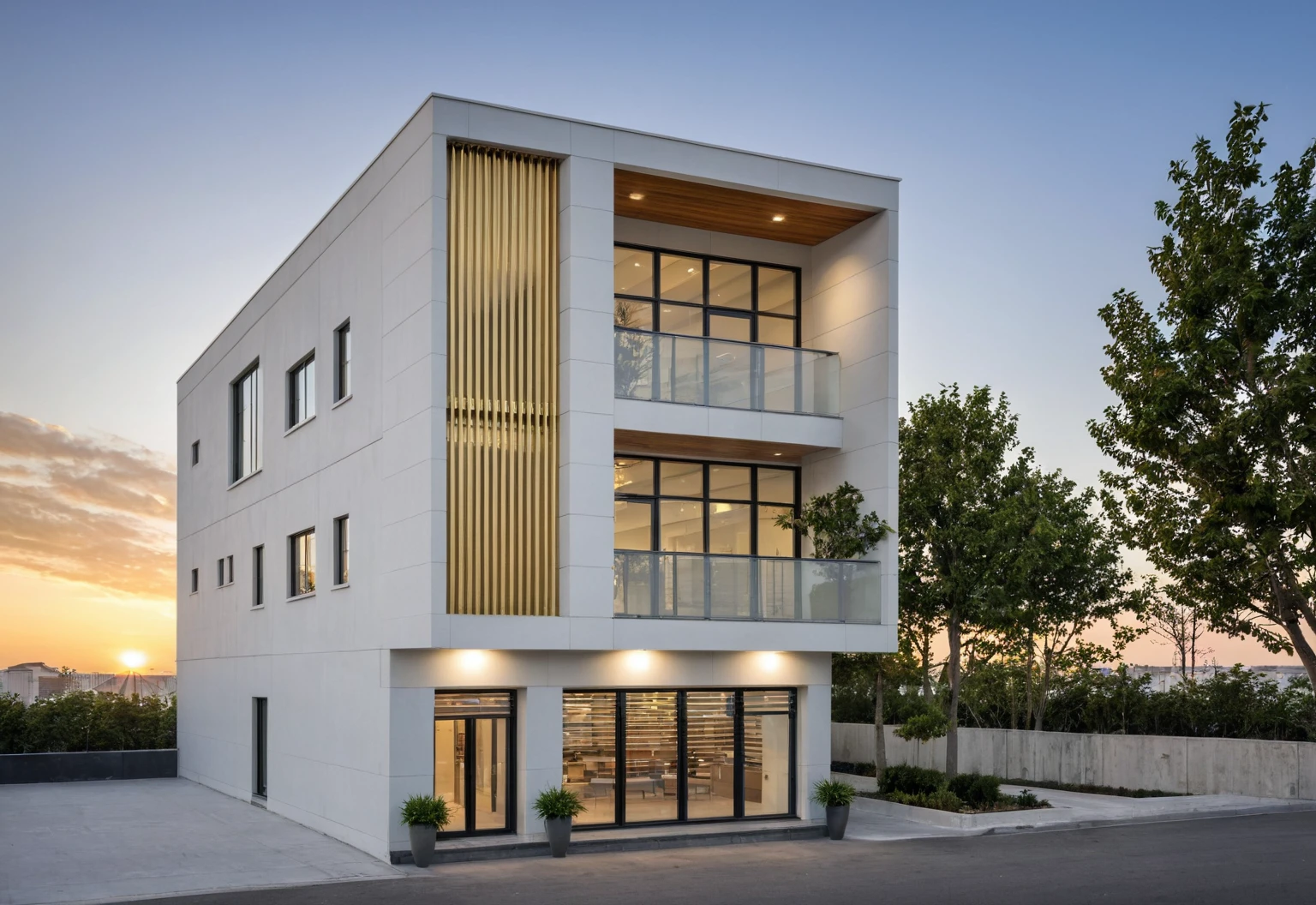 Raw photo,Masterpiece, high quality, best quality, authentic, super detail, modern style, aiaigroup,office building, decorative bars, decorative louvers, sun louvers, aluminum wall cladding, gold aluminum, glass railing,outdoors, tree, building, scenery, city, road, real world location, treet, window, balcony, glass railing, on the street, minimalist line, daylight, realistic