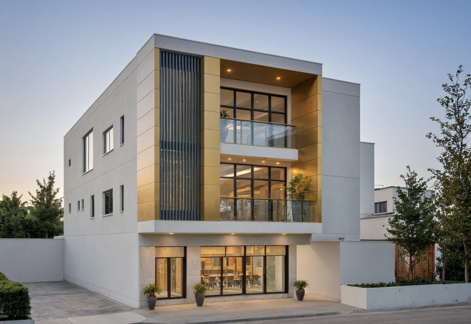 Raw photo,Masterpiece, high quality, best quality, authentic, super detail, modern style, aiaigroup,office building, decorative bars, decorative louvers, sun louvers, aluminum wall cladding, gold aluminum, glass railing,outdoors, tree, building, scenery, city, road, real world location, treet, window, balcony, glass railing, on the street, minimalist line, daylight, realistic