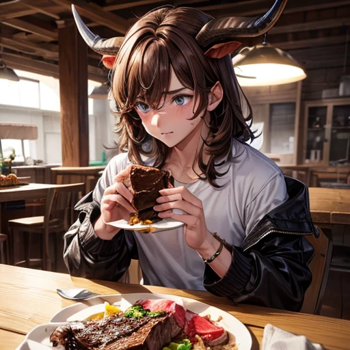 Brown-haired minotaur eating beef Blue-eyed beautiful boy Cow horn Cow earless