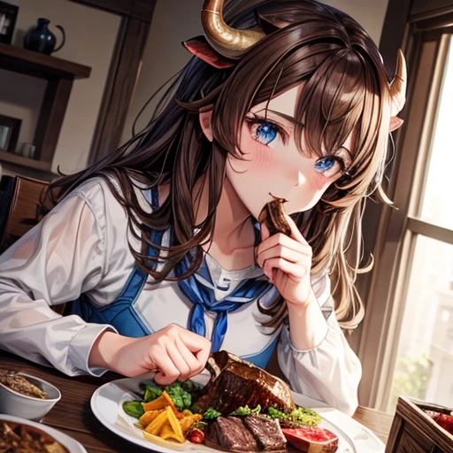 Brown-haired minotaur eating beef　Blue-eyed beautiful boy　　Cow horn　Cow earless