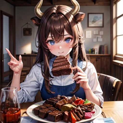 Brown-haired minotaur eating beef Blue-eyed beautiful boy Cow horn Cow earless