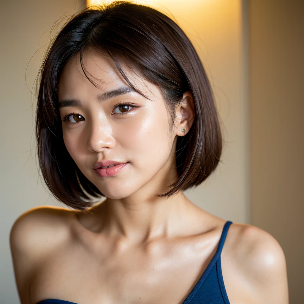 ((masterpiece)), ((Highest quality)), (美しいKorean), Eye for perfect detail, Face in perfect detail, Very elaborate nose, Open your mouth, Radom Color Shorts, Perfect Teeth, Bare shoulders, Charm, Perfect Face, Dimples on cheeks, Depth of written boundary, High resolution, ((Real skin texture)), (Well-proportioned hands), Thin lips, Korean,Glowing Skin