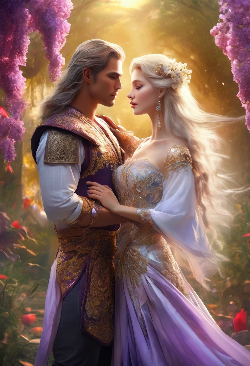 (masterpiece, Ultra-high quality, high resolution, 8K, complex: 1.2) Realistic epic romantic fantasy book cover, Gay couple in the center. Spring romantic fantasy in the center beautiful long half body long white hair man, Ultra-detailed beautiful face,, proportional, tender, flash, Ultra-detailed beautiful face, Riboko, Fairytale magic, mystery, Light Spring Color Scheme, (best quality,8K,A high resolution,masterpiece:1.2),Extremely detailed,(Practical,Reality,Photo-realistic:1.37),portrait,Creative style artwork,,classical,complicated,multiple colour,Very detailed,Soft lighting,Luxurious environment,detailed gown,Bright flowers,detailed jewellery,Ethereal atmosphere,Elegant Posture,Beautiful curves,Golden body proportions,Flowing hair,Stunning textile patterns,Harsh purple eyes,Delicate floral decoration,A wide range of crystal accessories,mystery梦幻的氛围,Impeccable attention to detail.