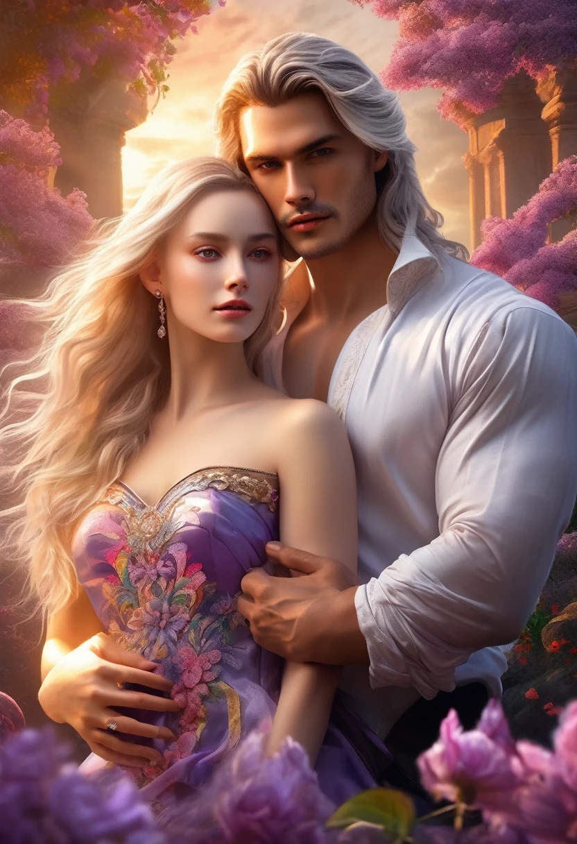 (masterpiece, Ultra-high quality, high resolution, 8K, complex: 1.2) Realistic epic romantic fantasy book cover, Gay couple in the center. Spring romantic fantasy in the center beautiful long half body long white hair man, Ultra-detailed beautiful face,, proportional, tender, flash, Ultra-detailed beautiful face, Riboko, Fairytale magic, mystery, Light Spring Color Scheme, (best quality,8K,A high resolution,masterpiece:1.2),Extremely detailed,(Practical,Reality,Photo-realistic:1.37),portrait,Creative style artwork,,classical,complicated,multiple colour,Very detailed,Soft lighting,Luxurious environment,detailed gown,Bright flowers,detailed jewellery,Ethereal atmosphere,Elegant Posture,Beautiful curves,Golden body proportions,Flowing hair,Stunning textile patterns,Harsh purple eyes,Delicate floral decoration,A wide range of crystal accessories,mystery梦幻的氛围,Impeccable attention to detail.