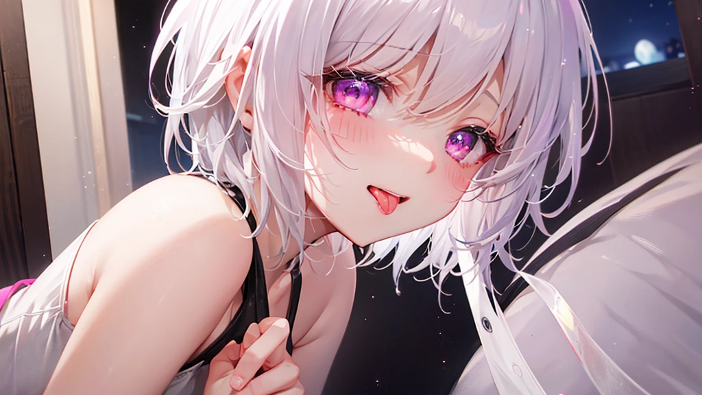 White Hair、Pink Eyes、Short Hair、laughing、Only one girl、alone、Cute、Face is close、Night、laughing、At the bed、Blushing、Erotic、Stick your tongue out、Only one person、Sweating、Excited