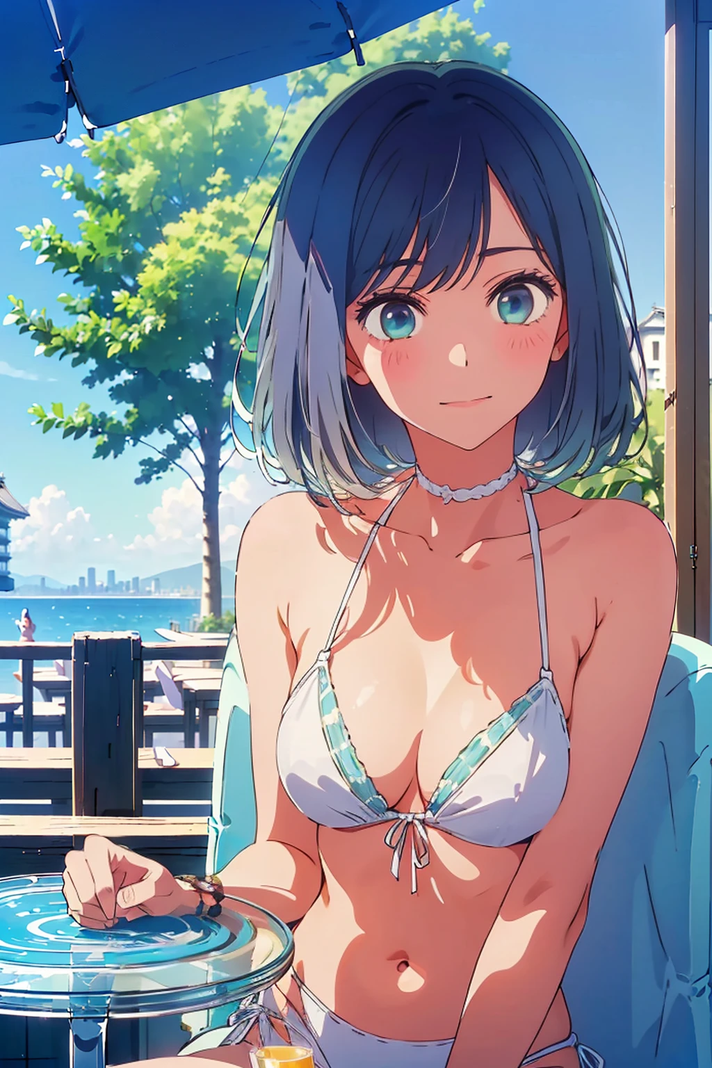 (Highest quality:1.4、8k:1.4、detailed)、F cup bust、Big Breasts、Slim and beautiful arms、Slim body、Very white beautiful skin、((((1 person、smile、smile、sit、Chair、In the background are the urban buildings of Tokyo、looking at the camera、Outdoor café terrace、coastal、Navy hair color、Touching your hair、juice、White side string high leg bikini、Shooting up close、table、Very cute face))))、Very blue sky、A completely cloudless sky、She tilted her head slightly、The atmosphere is bright and lively、The woman is at the center of the image。