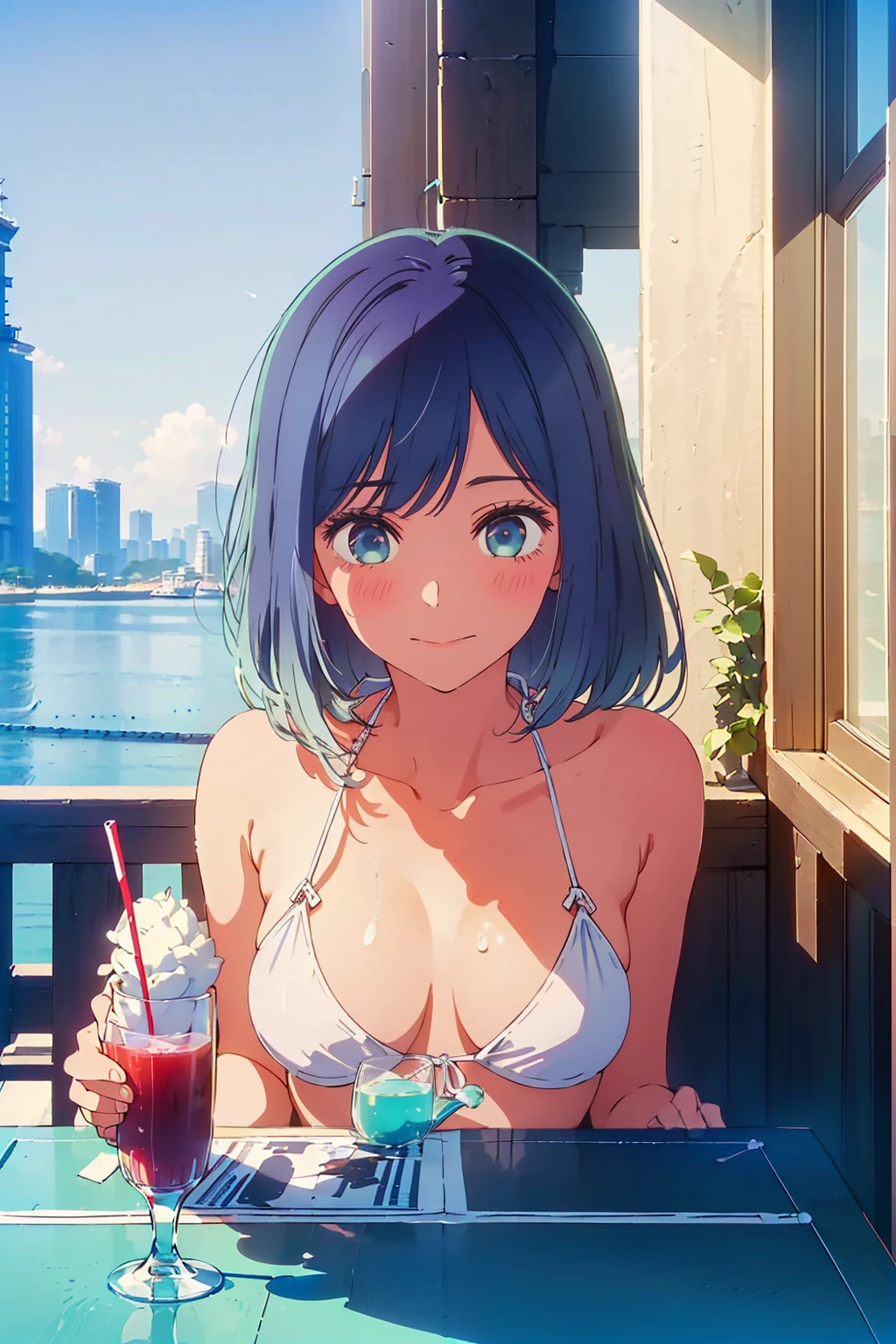 (Highest quality:1.4、8k:1.4、detailed)、F cup bust、Big Breasts、Slim and beautiful arms、Slim body、Very white beautiful skin、((((1 person、smile、smile、sit、Chair、In the background are the urban buildings of Tokyo、looking at the camera、Outdoor café terrace、coastal、Navy hair color、Touching your hair、juice、White side string high leg bikini、Shooting up close、table、Very cute face))))、Very blue sky、A completely cloudless sky、She tilted her head slightly、The atmosphere is bright and lively、The woman is at the center of the image。