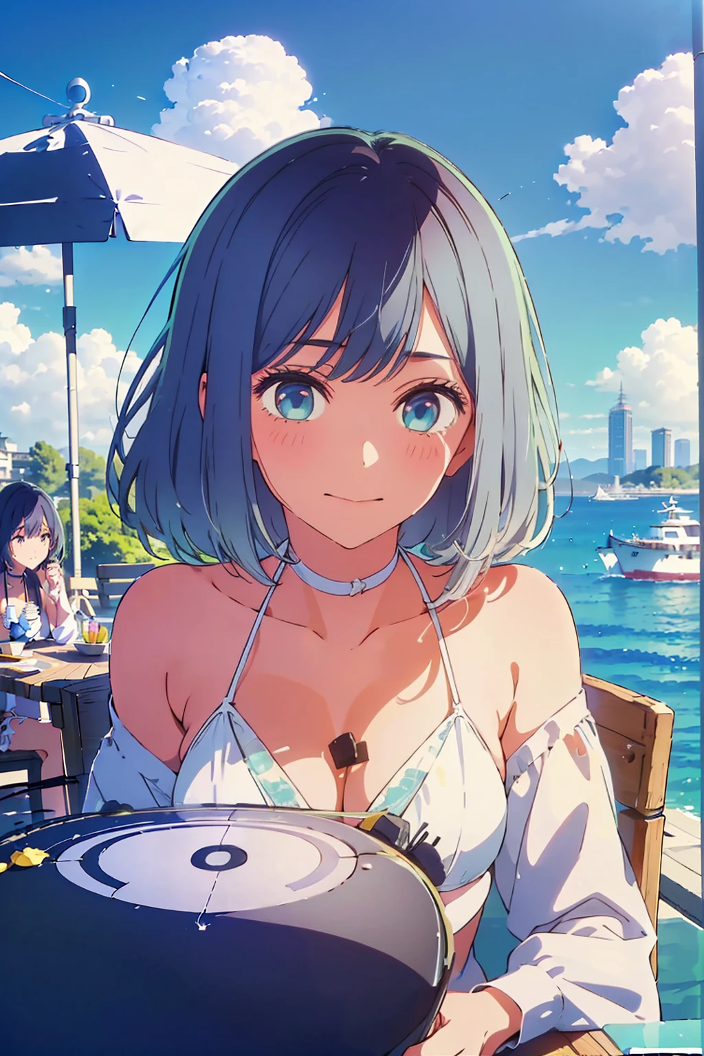 (Highest quality:1.4、8k:1.4、detailed)、F cup bust、Big Breasts、Slim and beautiful arms、Slim body、Very white beautiful skin、((((1 person、smile、smile、sit、Chair、In the background are the urban buildings of Tokyo、looking at the camera、Outdoor café terrace、coastal、Navy hair color、Touching your hair、juice、White side string high leg bikini、Shooting up close、table、Very cute face))))、Very blue sky、A completely cloudless sky、She tilted her head slightly、The atmosphere is bright and lively、The woman is at the center of the image。