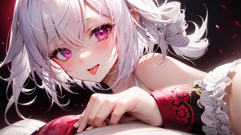 White Hair、Pink Eyes、Short Hair、laughing、Only one girl、alone、Cute、Face is close、Night、laughing、At the bed、Blushing、Erotic、Stick your tongue out、Sweating、Excited